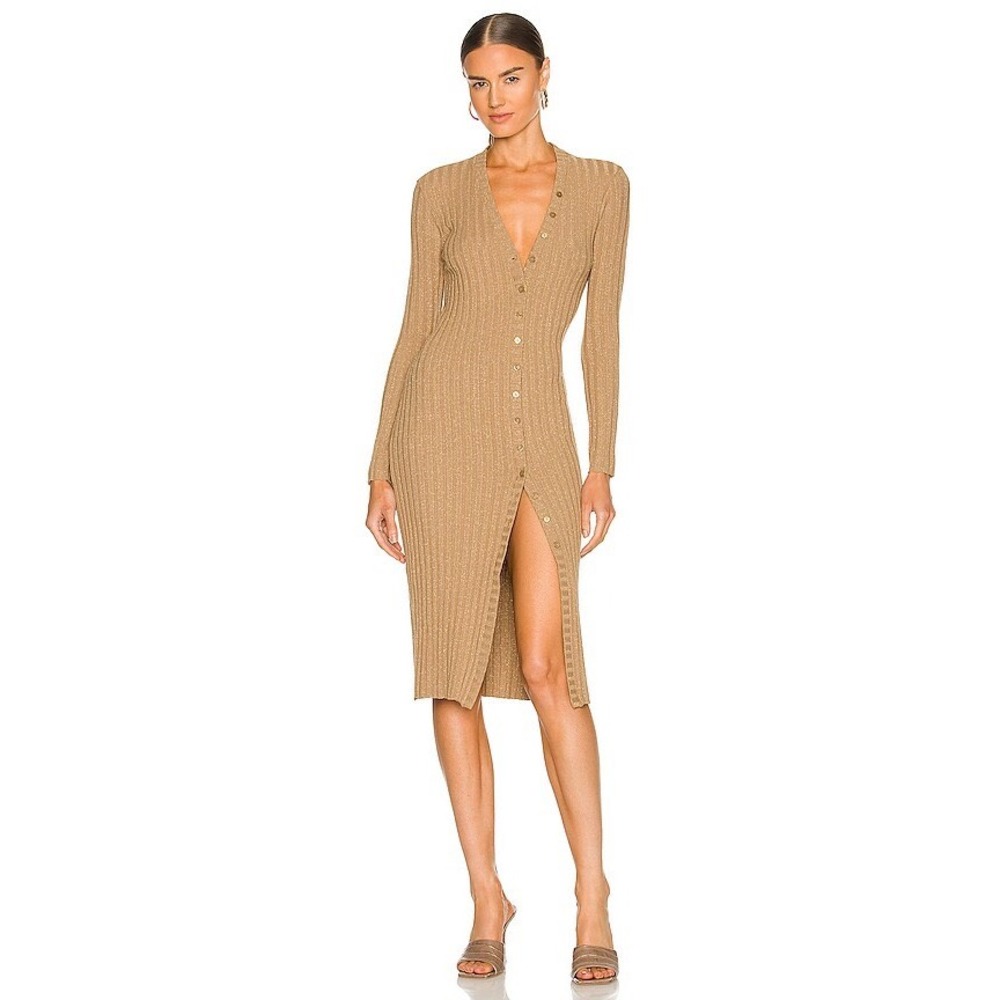 Enza Costa Cardigan Midi Dress in Sand and Gold Lurex Ribbed Knit Small